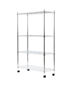 SCAFFALE IN METALLO CROMATO 4 RIPIANI CON RUOTE, 89X34X142 CM